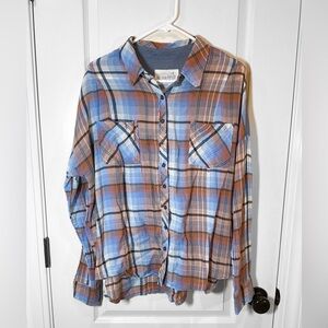 We The Free Chambray Trim Plaid Button Front Long Sleeve Top